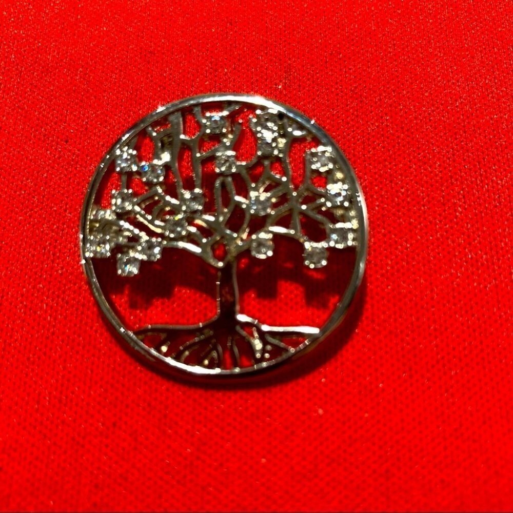 BROOCH  Tree of Life Silver Toned with Little Rhinestones 1” Round